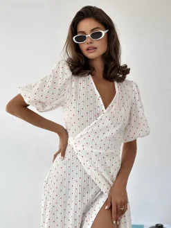 COMMENSE Sweetheart Textured Knotted Midi Dress* White Dresses|Work Dresses