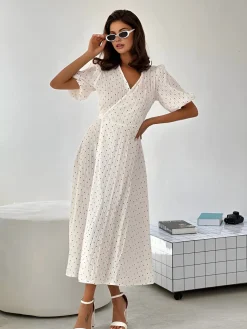 COMMENSE Sweetheart Textured Knotted Midi Dress* White Dresses|Work Dresses