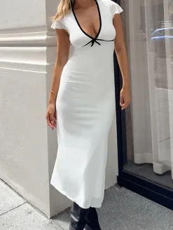 COMMENSE Sweetie Contrast Trim Midi Dress* White Dresses|Casual Dresses