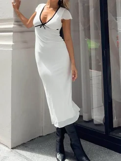COMMENSE Sweetie Contrast Trim Midi Dress* White Dresses|Casual Dresses