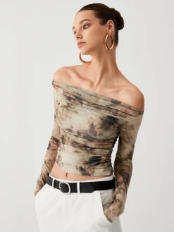 COMMENSE Terracotta Tulle Mesh Off Shoulder Long Sleeve Crop Top* Crop Tops|T-shirts
