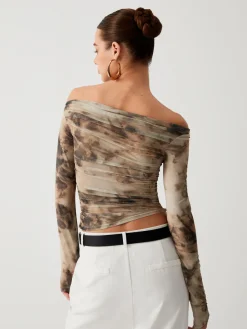 COMMENSE Terracotta Tulle Mesh Off Shoulder Long Sleeve Crop Top* Crop Tops|T-shirts