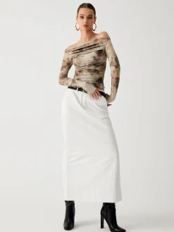 COMMENSE Terracotta Tulle Mesh Off Shoulder Long Sleeve Crop Top* Crop Tops|T-shirts