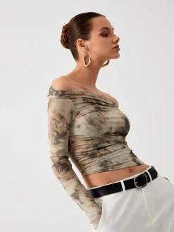 COMMENSE Terracotta Tulle Mesh Off Shoulder Long Sleeve Crop Top* Crop Tops|T-shirts