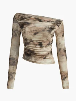 COMMENSE Terracotta Tulle Mesh Off Shoulder Long Sleeve Crop Top* Crop Tops|T-shirts