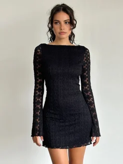 COMMENSE Textured Lace Short Dress* Black Dresses|Casual Dresses