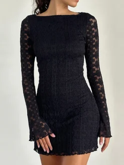 COMMENSE Textured Lace Short Dress* Black Dresses|Casual Dresses