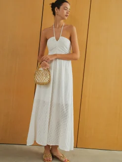 COMMENSE Textured Shirred Halter Knotted Vacation Long Dress* White Dresses|Casual Dresses