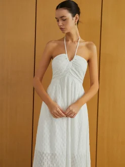 COMMENSE Textured Shirred Halter Knotted Vacation Long Dress* White Dresses|Casual Dresses