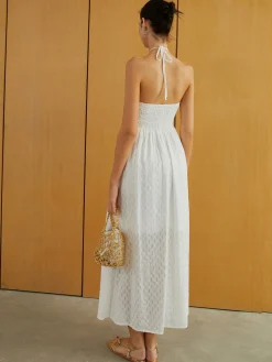 COMMENSE Textured Shirred Halter Knotted Vacation Long Dress* White Dresses|Casual Dresses