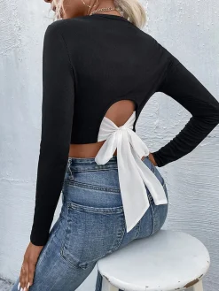 COMMENSE Tie Beck Skinny Crop Blouse* Crop Tops|Blouses & Shirts