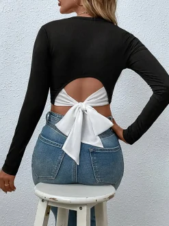 COMMENSE Tie Beck Skinny Crop Blouse* Crop Tops|Blouses & Shirts