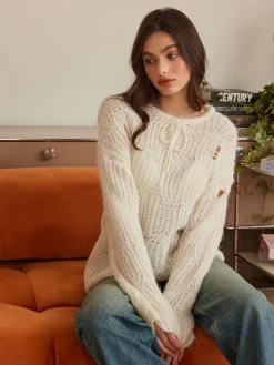 COMMENSE Tie Front Hollow Shift Sweater* Sweater Tops|Sweaters & Cardigans