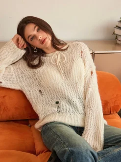 COMMENSE Tie Front Hollow Shift Sweater* Sweater Tops|Sweaters & Cardigans