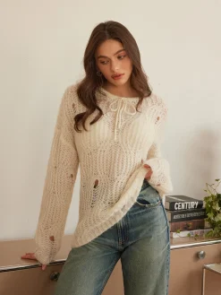 COMMENSE Tie Front Hollow Shift Sweater* Sweater Tops|Sweaters & Cardigans