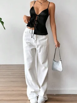 COMMENSE Tie Front Satin Cami Top* Tank Tops & Camis|Tops