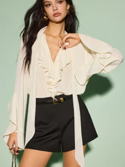 COMMENSE Tie Neck Chiffon Ruffle Shirt* Tops