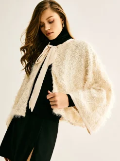 COMMENSE Tie Neck Fuzzy Blazer* Outerwear|Blazers