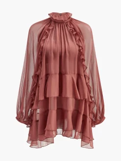 COMMENSE Tie Neck Semi-Sheer Ruffle Chiffon Dress* Dresses