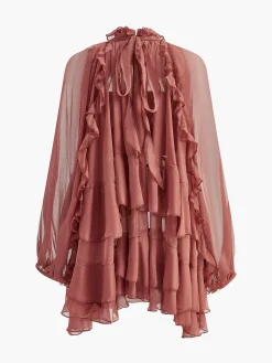 COMMENSE Tie Neck Semi-Sheer Ruffle Chiffon Dress* Dresses