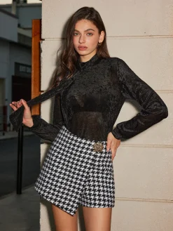 COMMENSE Tie Neck Semi-Sheer Velvet Shirt* Blouses & Shirts