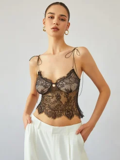 COMMENSE Tie Shoulder Floral Lace Crop Top* Crop Tops|Tank Tops & Camis