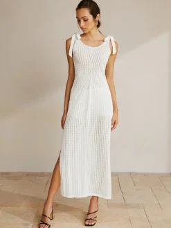 COMMENSE Tie Shoulder Slit Ribbed Long Dress* White Dresses|Casual Dresses