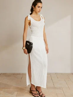 COMMENSE Tie Shoulder Slit Ribbed Long Dress* White Dresses|Casual Dresses