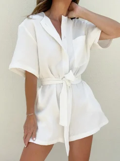COMMENSE Tied Cotton Jumpsuit* White Dresses|Jumpsuits & Rompers