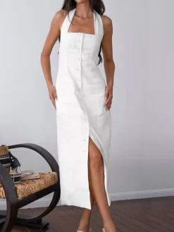 COMMENSE Tied Halter Open Back Cotton Linen Midi Dress* White Dresses|Casual Dresses