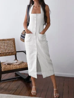 COMMENSE Tied Halter Open Back Cotton Linen Midi Dress* White Dresses|Casual Dresses