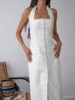 COMMENSE Tied Halter Open Back Cotton Linen Midi Dress* White Dresses|Casual Dresses