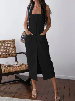 COMMENSE Tied Halter Open Back Cotton Linen Midi Dress* White Dresses|Casual Dresses