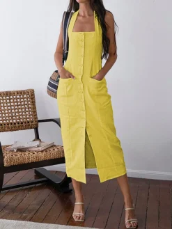 COMMENSE Tied Halter Open Back Cotton Linen Midi Dress* White Dresses|Casual Dresses