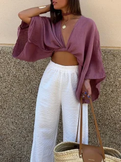 COMMENSE Tie-Front Long Sleeve Cropped Blouse* Crop Tops|Blouses & Shirts