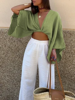COMMENSE Tie-Front Long Sleeve Cropped Blouse* Crop Tops|Blouses & Shirts