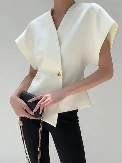 COMMENSE Trendy V-Neck Button Down Blouse* Blouses & Shirts|Tops