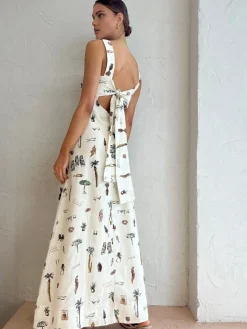 COMMENSE Tropical Print Knotted Long Dress* White Dresses|Casual Dresses