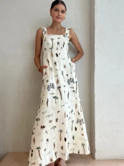 COMMENSE Tropical Print Knotted Long Dress* White Dresses|Casual Dresses