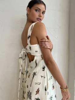 COMMENSE Tropical Print Knotted Long Dress* Casual Dresses|Vacation Dresses
