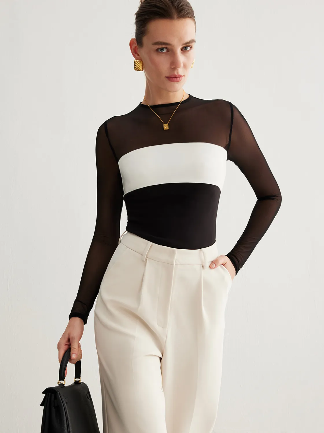 COMMENSE Tulle Color Block Zipper Top* T-shirts|Tops