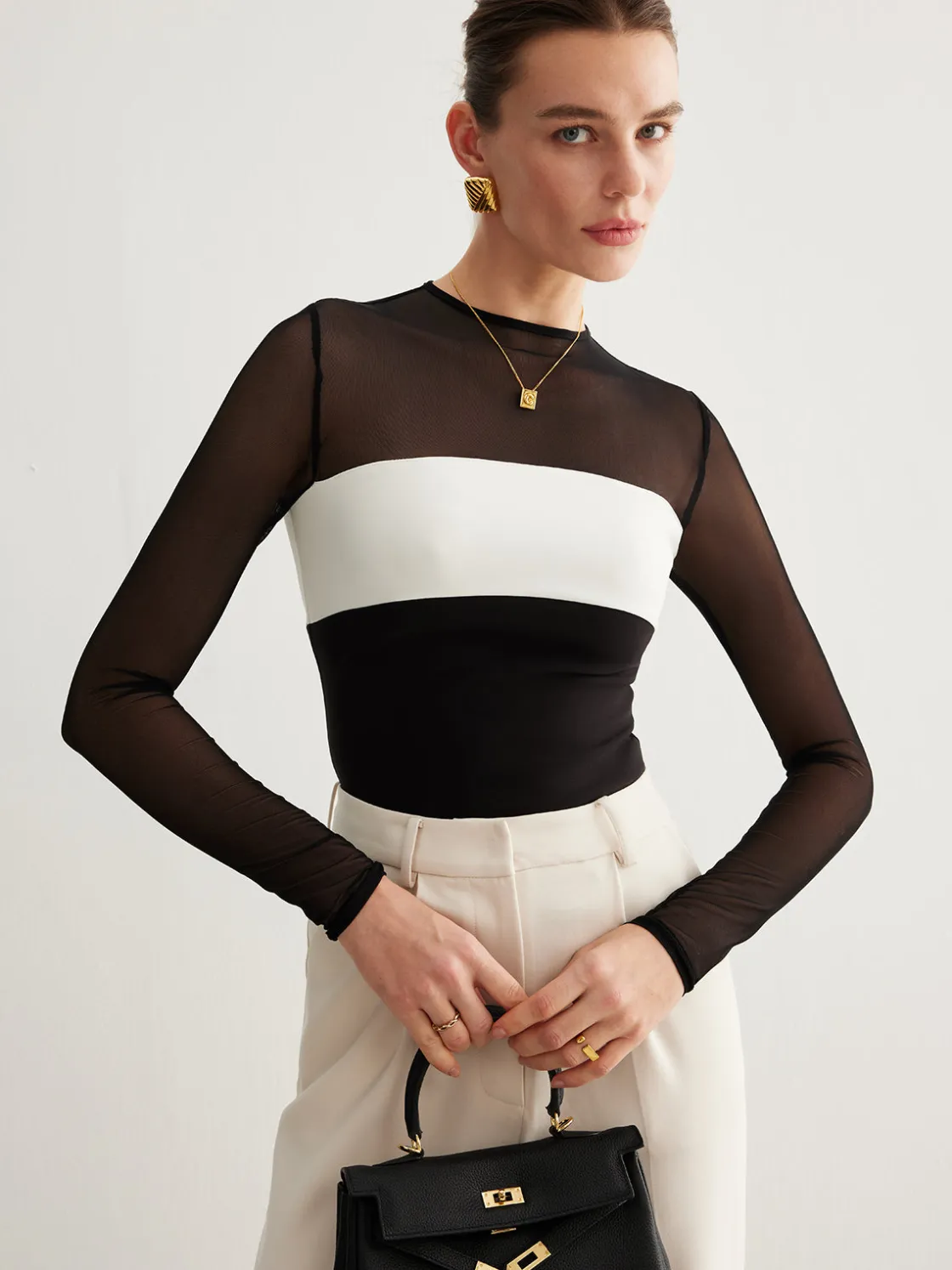 COMMENSE Tulle Color Block Zipper Top* T-shirts|Tops