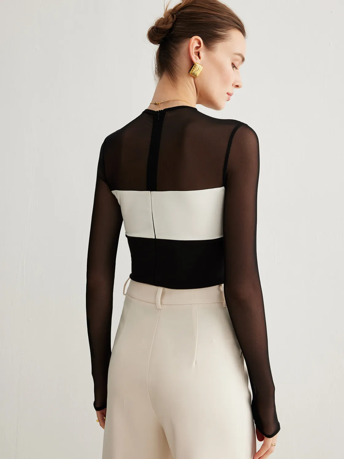 COMMENSE Tulle Color Block Zipper Top* T-shirts|Tops