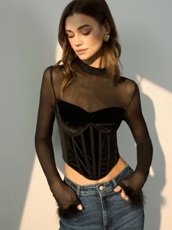 COMMENSE Tulle Panel Velvet Crop Blouse* Crop Tops|Blouses & Shirts