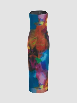 COMMENSE Tulle Printed Mesh Strapless Tube Midi Dress* Cocktail & Party Dresses|Vacation Dresses