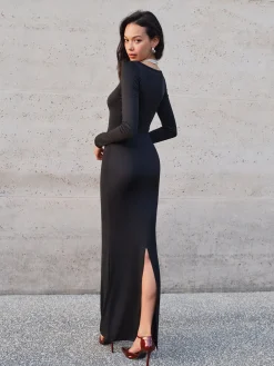 COMMENSE Tulle-Detail Metal Jersey Dress* Black Dresses|Casual Dresses