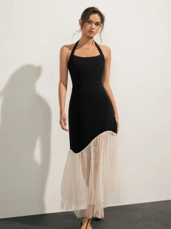COMMENSE Tulle-Hem Slim Halter Long Dress* White Dresses|Casual Dresses