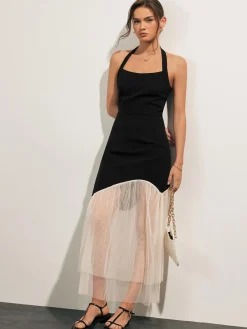 COMMENSE Tulle-Hem Slim Halter Long Dress* White Dresses|Casual Dresses