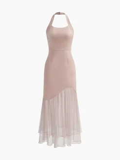 COMMENSE Tulle-Hem Slim Halter Long Dress* White Dresses|Casual Dresses