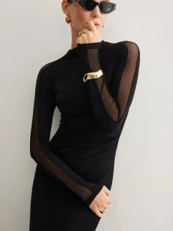 COMMENSE Tulle-Sleeve Plain Slim Dress* Black Dresses|Casual Dresses